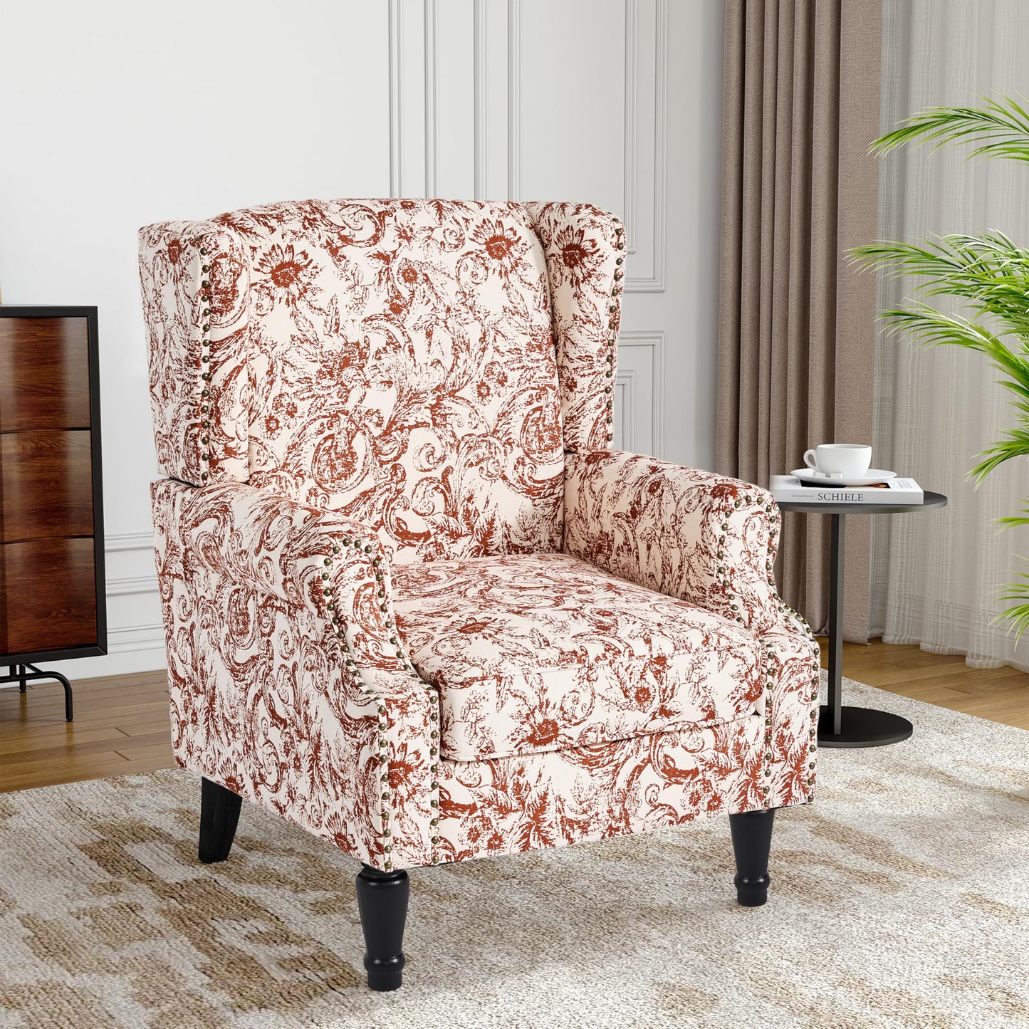 Floral Wingback Accent Chair, High Back Upholstered Armchair, Comfy Fabric Wingback Arms Chairs with Solid Wood Legs, Single Sofa Reading Chair for Bedroom Living Room, Beige