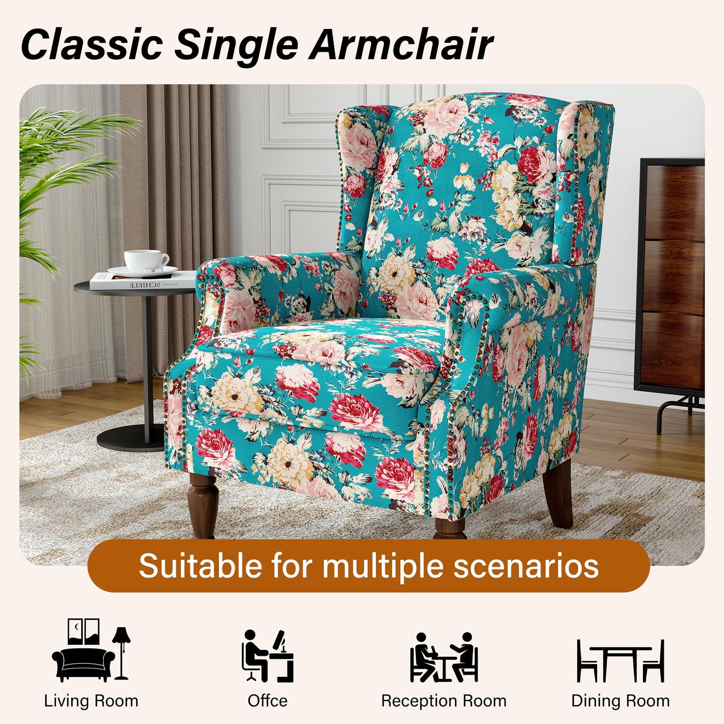 Floral Wingback Accent Chair, High Back Upholstered Armchair, Comfy Fabric Wingback Arms Chairs with Solid Wood Legs, Single Sofa Reading Chair for Bedroom Living Room, Beige