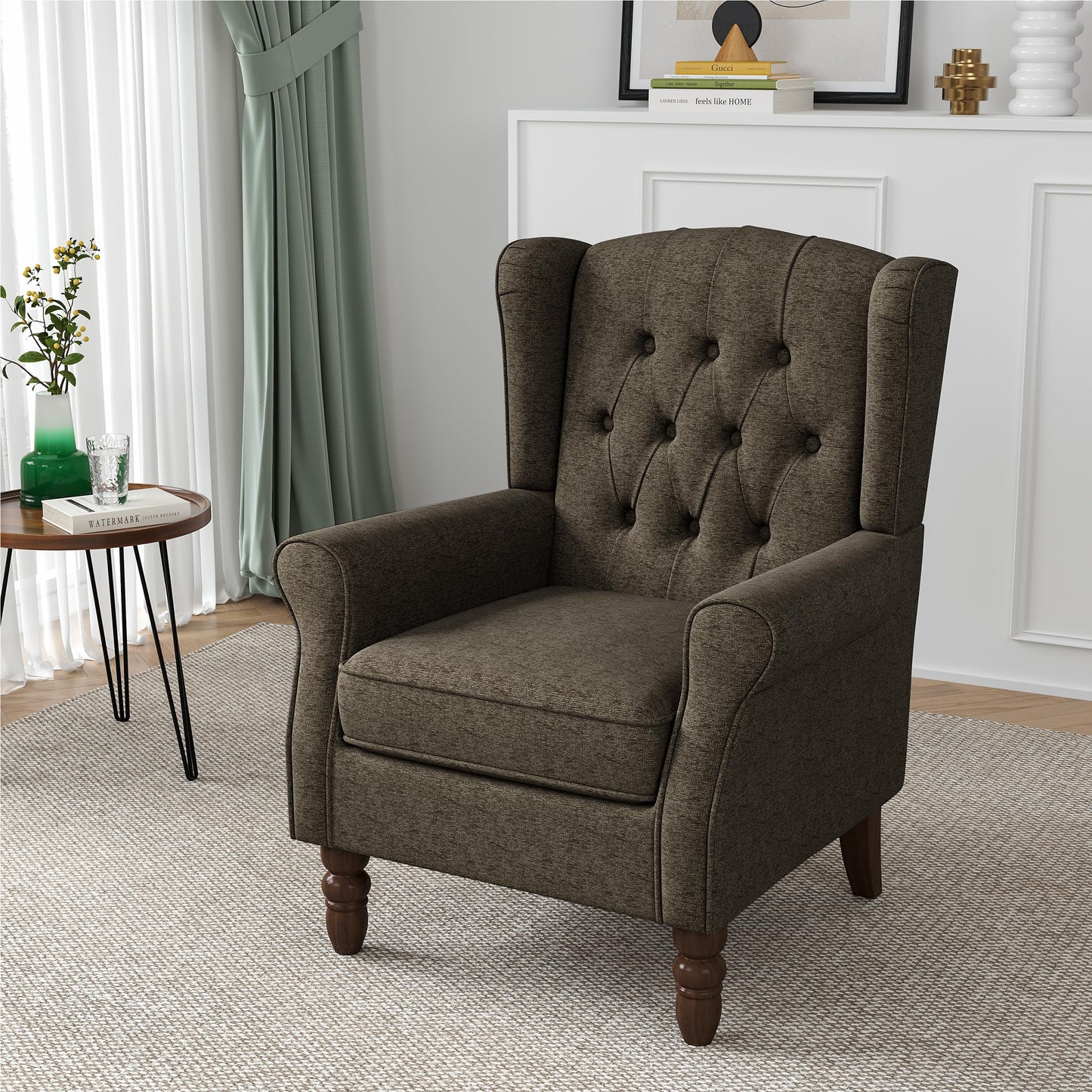 Faux Leather Wingback Chairs Set of 2, High Back Accent Chair for Living Room, Button-Tufted Upholstered Armchair with Solid Wood Legs, Comfy Reading Chair for Bedroom, Brown