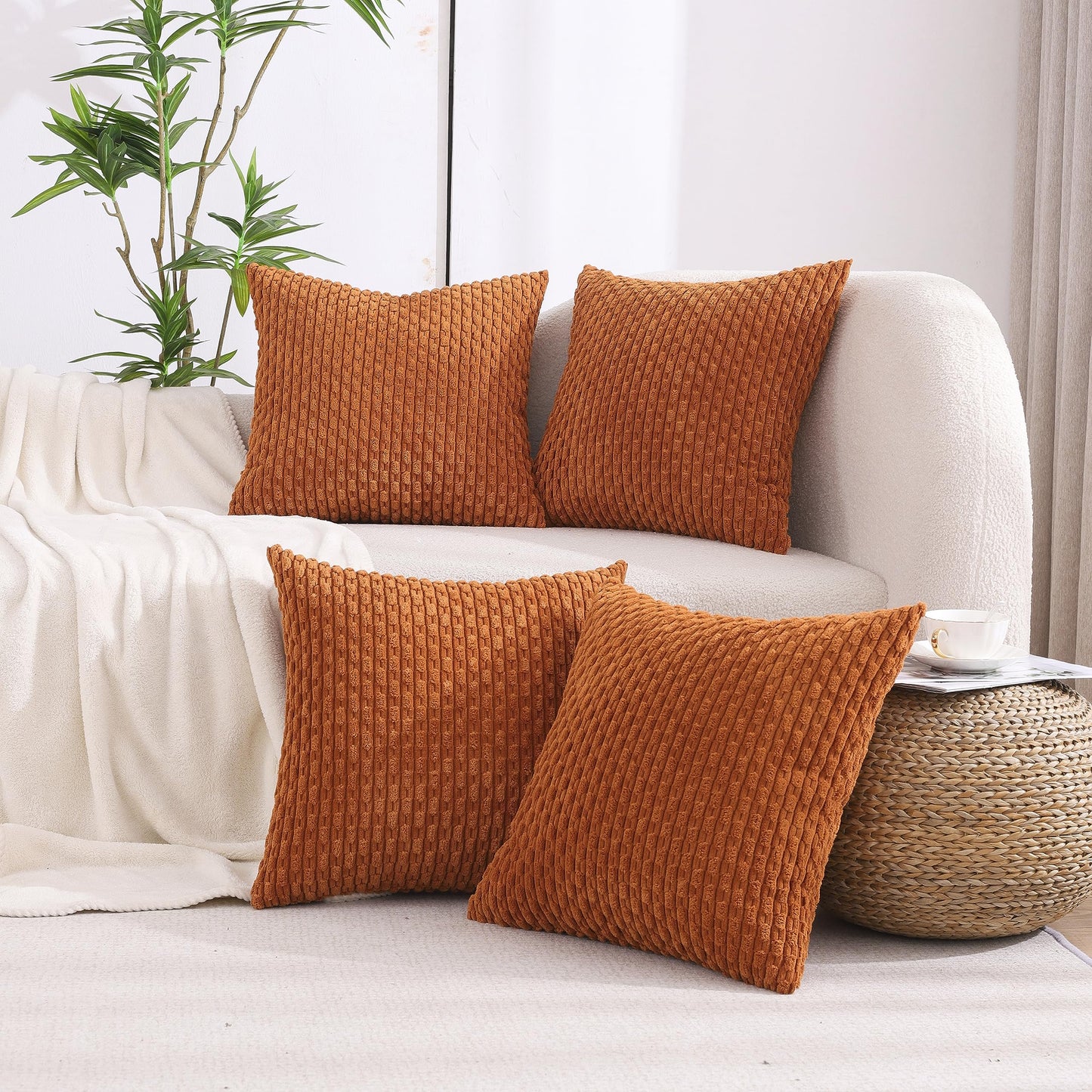 VAKADO Couch Throw Pillow Covers 16x16 Set of 4 Decorative Neutral Corduroy Boho Rustic Farmhouse Cushion Case Square for Home Decor Sofa Living Room Bed