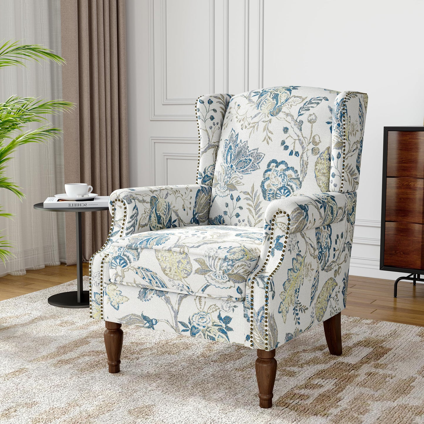 Floral Wingback Accent Chair, High Back Upholstered Armchair, Comfy Fabric Wingback Arms Chairs with Solid Wood Legs, Single Sofa Reading Chair for Bedroom Living Room, Beige