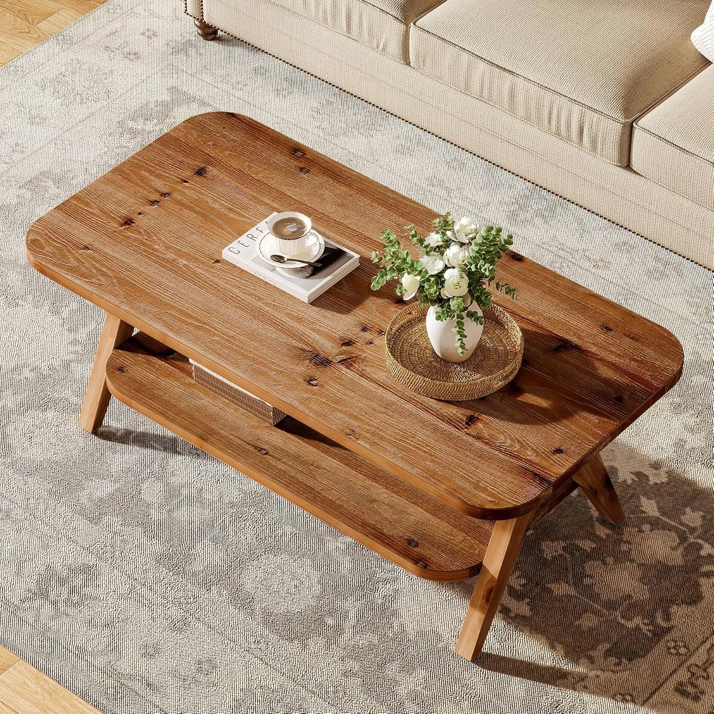 Solid Wood 2-Tier Coffee Table with Storage Shelf, 47" Brown Farmhouse Center Table for Living Room