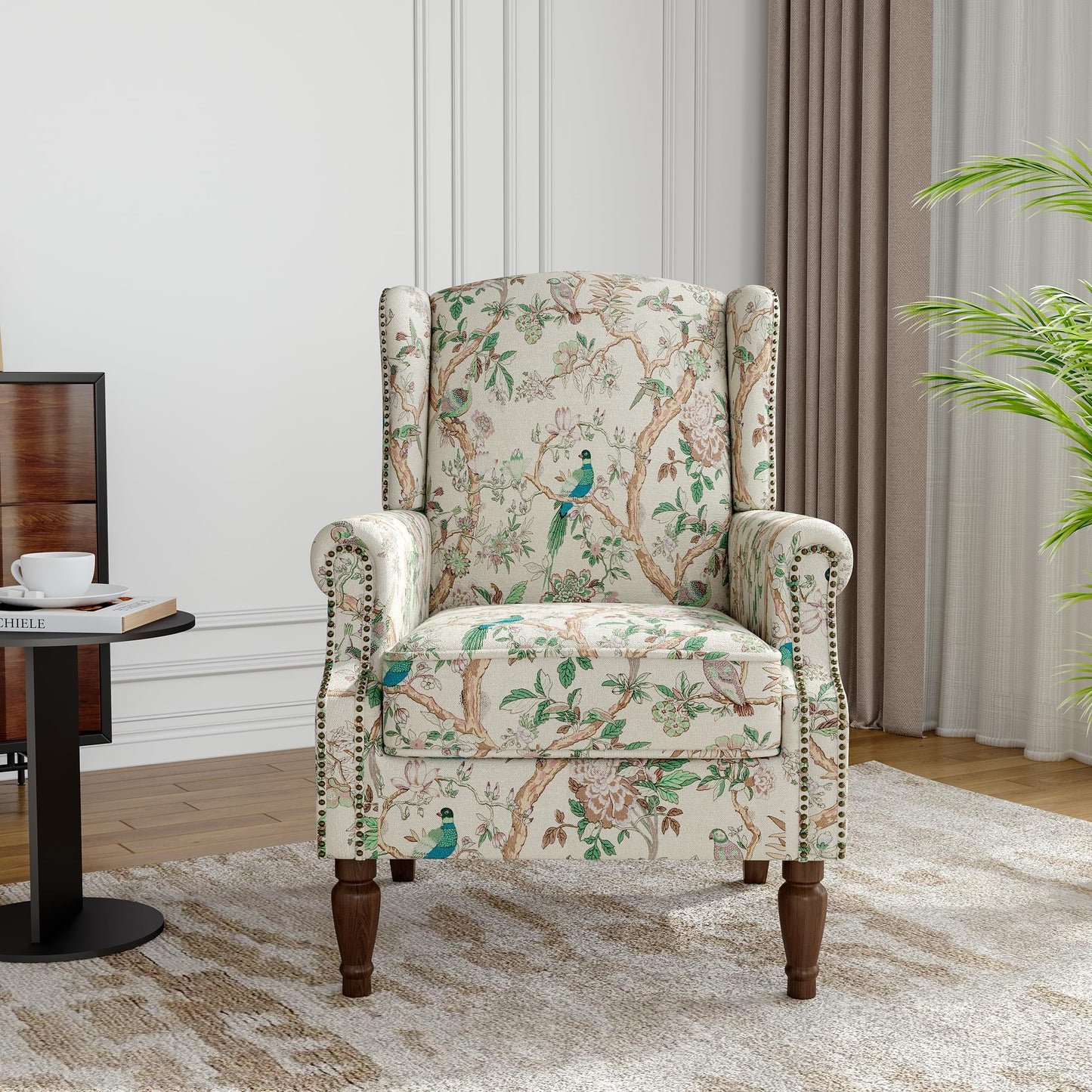 Floral Wingback Accent Chair, High Back Upholstered Armchair, Comfy Fabric Wingback Arms Chairs with Solid Wood Legs, Single Sofa Reading Chair for Bedroom Living Room, Beige