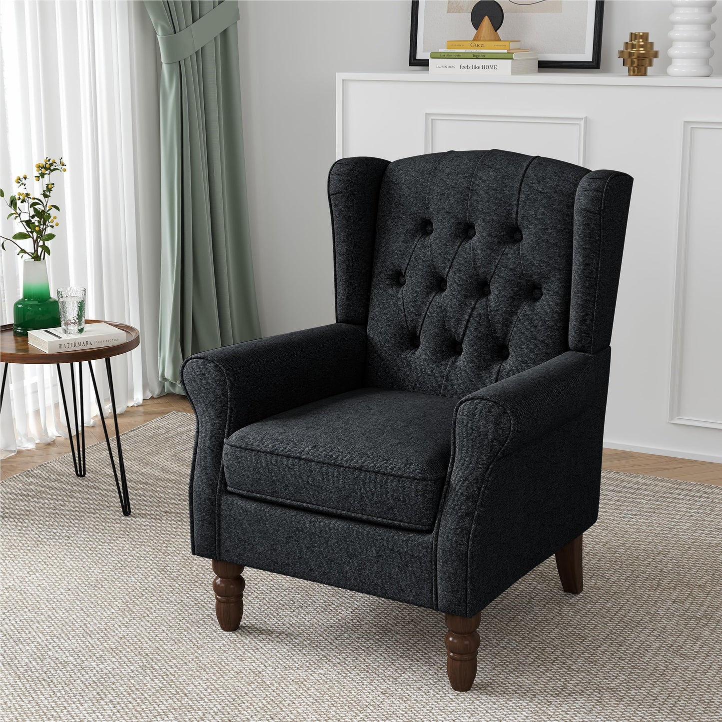 Faux Leather Wingback Chairs Set of 2, High Back Accent Chair for Living Room, Button-Tufted Upholstered Armchair with Solid Wood Legs, Comfy Reading Chair for Bedroom, Brown