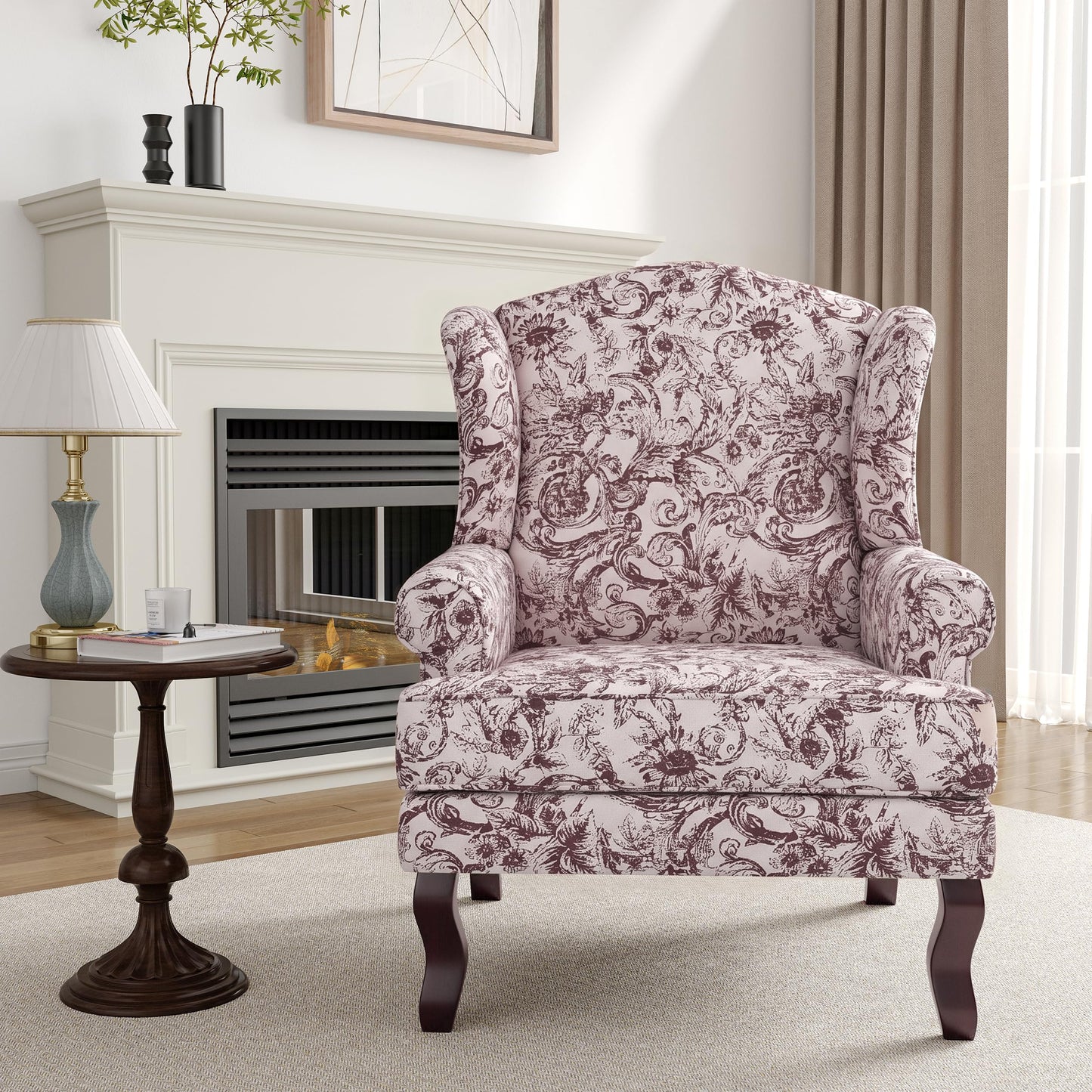 High Back Accent Chair, Comfy Upholstered Fabric Armchair for Living Room, Mid Century Modern Club Accent Chair with Curved Armrests and Solid Legs, Single Sofa Reading Chair for Bedroom, Cranberry
