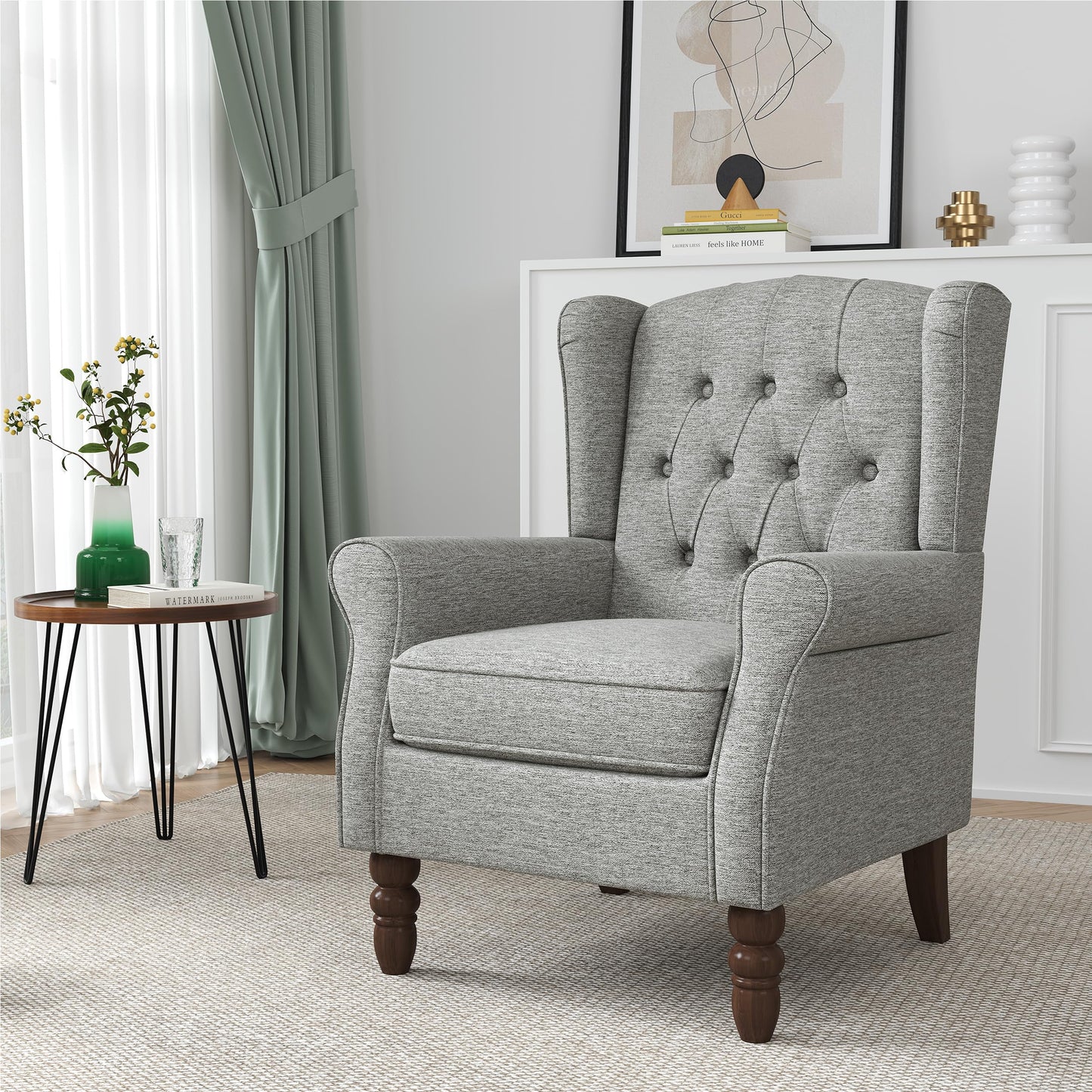 Faux Leather Wingback Chairs Set of 2, High Back Accent Chair for Living Room, Button-Tufted Upholstered Armchair with Solid Wood Legs, Comfy Reading Chair for Bedroom, Brown
