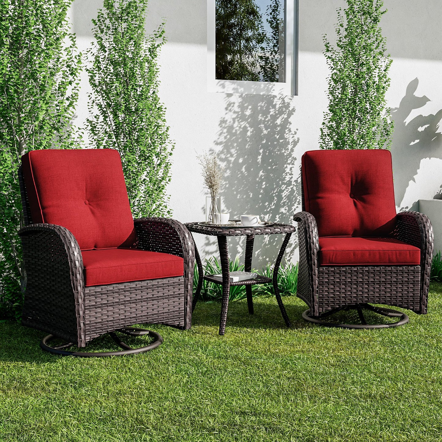 Joyside Patio Swivel Rocker Wicker Chairs - Outdoor Swivel Rocking Chairs Set of 2 with Wicker Side Table, Patio Swivel Rocker Chair 3 Piece Patio Furniture Sets for Porch Deck(Brown/Blue)