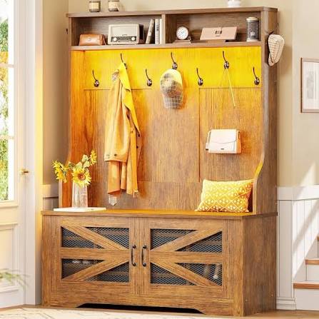 Hall Tree with Bench and Shoe Storage, 5-in-1 Entryway Bench with Coat Rack, 10 Shoe Cubbies & 9 Coat Hooks, Barn Door & Adjusta