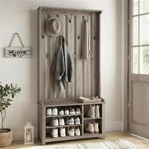 Hall Tree with Bench and Shoe Storage, Coat Rack with Shoe Bench, 7 Double Hooks for Jackets, Hats, Entryway, Bedroom, Living R