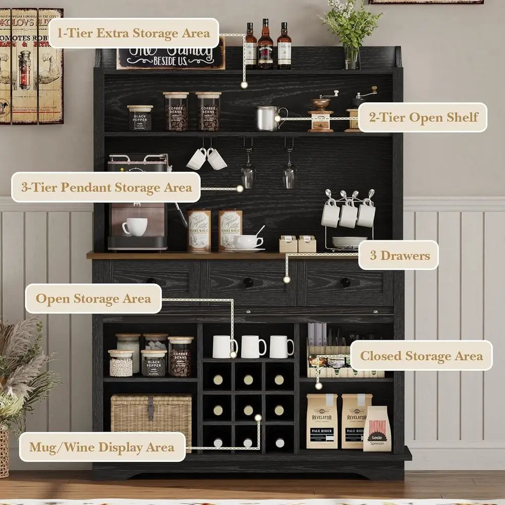 63 Tall 3-Tier Coffee Bar Cabinet, Kitchen Hutch with 3 Drawers, 9-Rack Wine Storage with 3 Glass Holders, Suitable for Living a