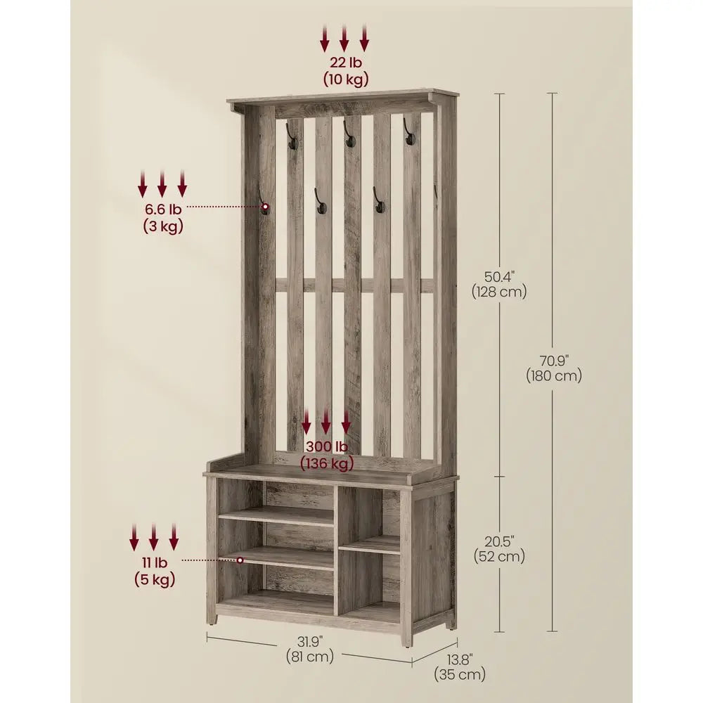 Hall Tree with Bench and Shoe Storage, Coat Rack with Shoe Bench, 7 Double Hooks for Jackets, Hats, Entryway, Bedroom, Living R