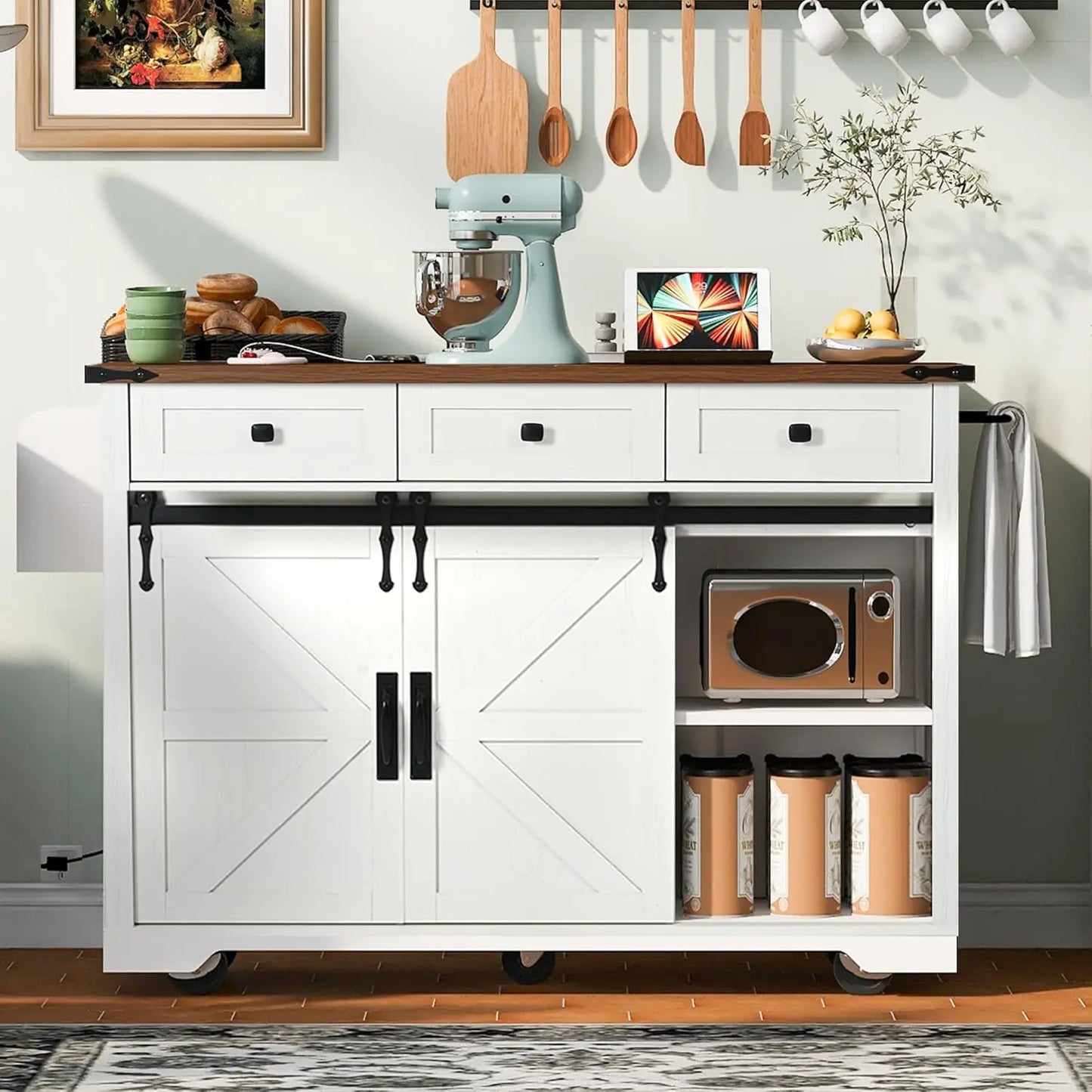 53.7" Farmhouse Kitchen Island With Power Outlet and Sliding Barn Doors,Rolling Cart With Drawers and Spice Rack for Dining Room