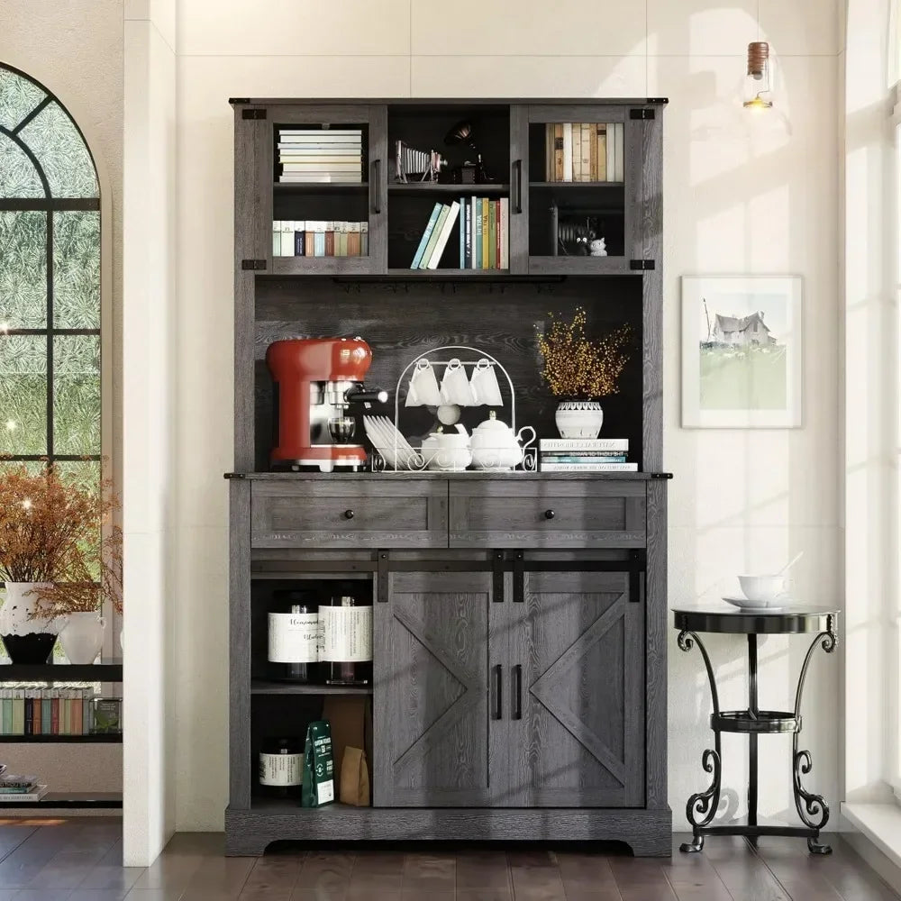 Tall Farmhouse Kitchen Pantry Buffet Wine Bar Cabinet with Sliding Barn Door And Wine Glass Rack for Storage And Customized