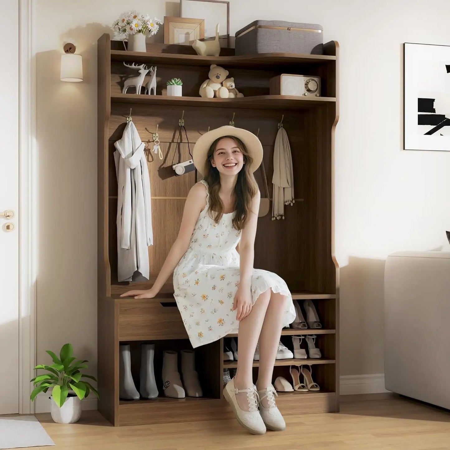 Bench, Simple Style 5 in 1 Hall Tree, Entryway Storage bench3-Layer Shoe Cabinet & 7 Coat Hooks,, Customized