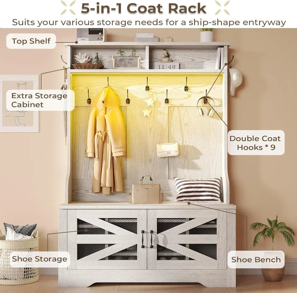 5-in-1 Entryway Bench with Coat Rack, Shoe Storage, LED Lights & Adjustable Shelf - White Hall Tree for Home Organization
