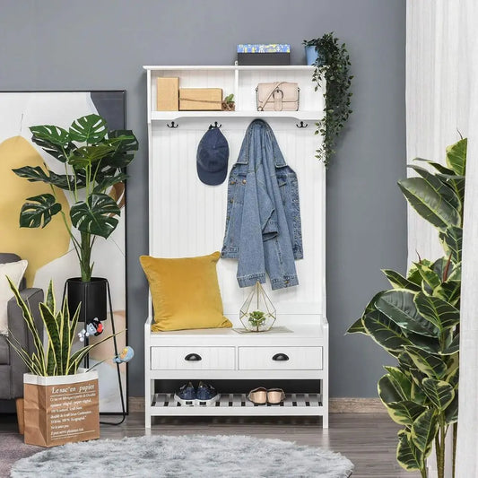 3-in-1 White Entryway Bench with Coat Rack, Shoe Storage, and Padded Seat Cushions