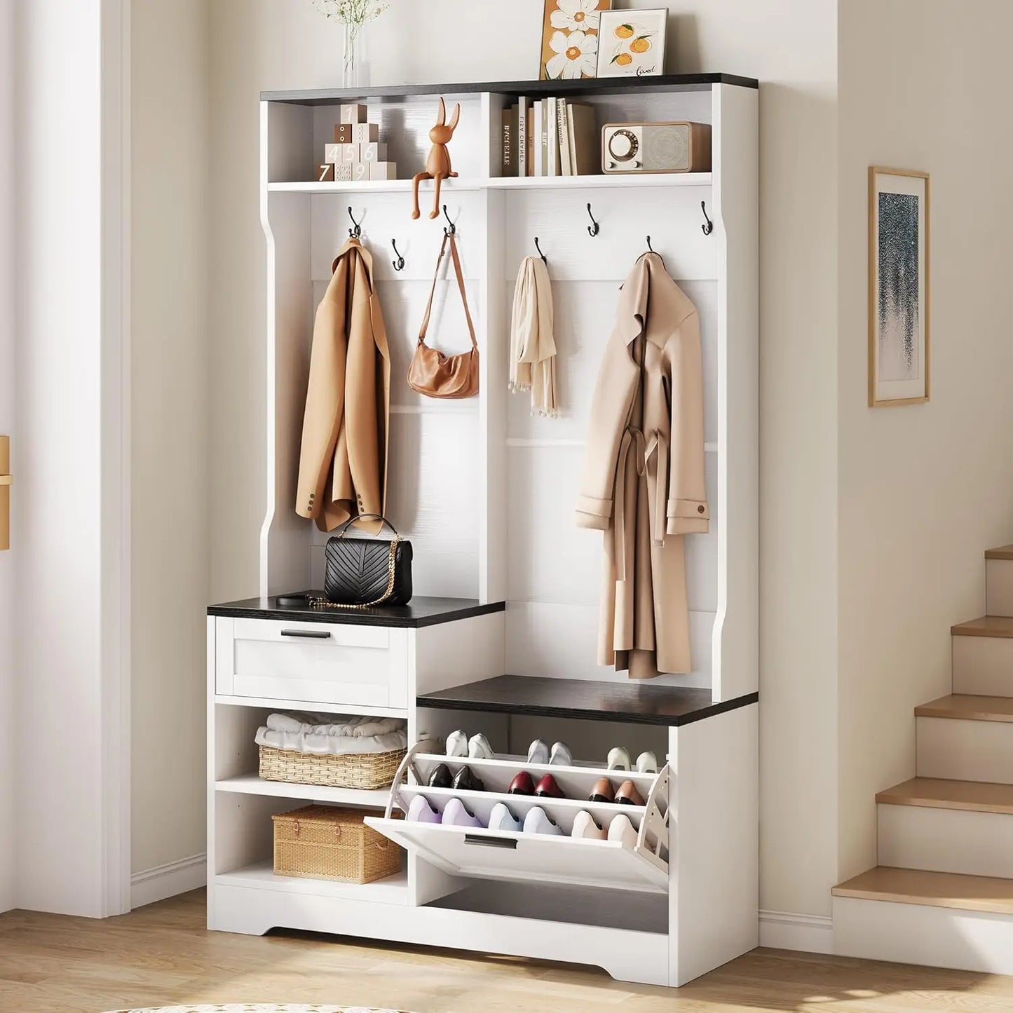 Bench, Simple Style 5 in 1 Hall Tree, Entryway Storage bench3-Layer Shoe Cabinet & 7 Coat Hooks,, Customized