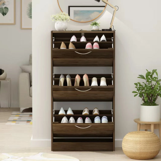 3-Door Wooden Brown Shoe Cabinet with Shutter Door Drawers Multi-Purpose Adjustable Shelf Storage Organizer for Entryway