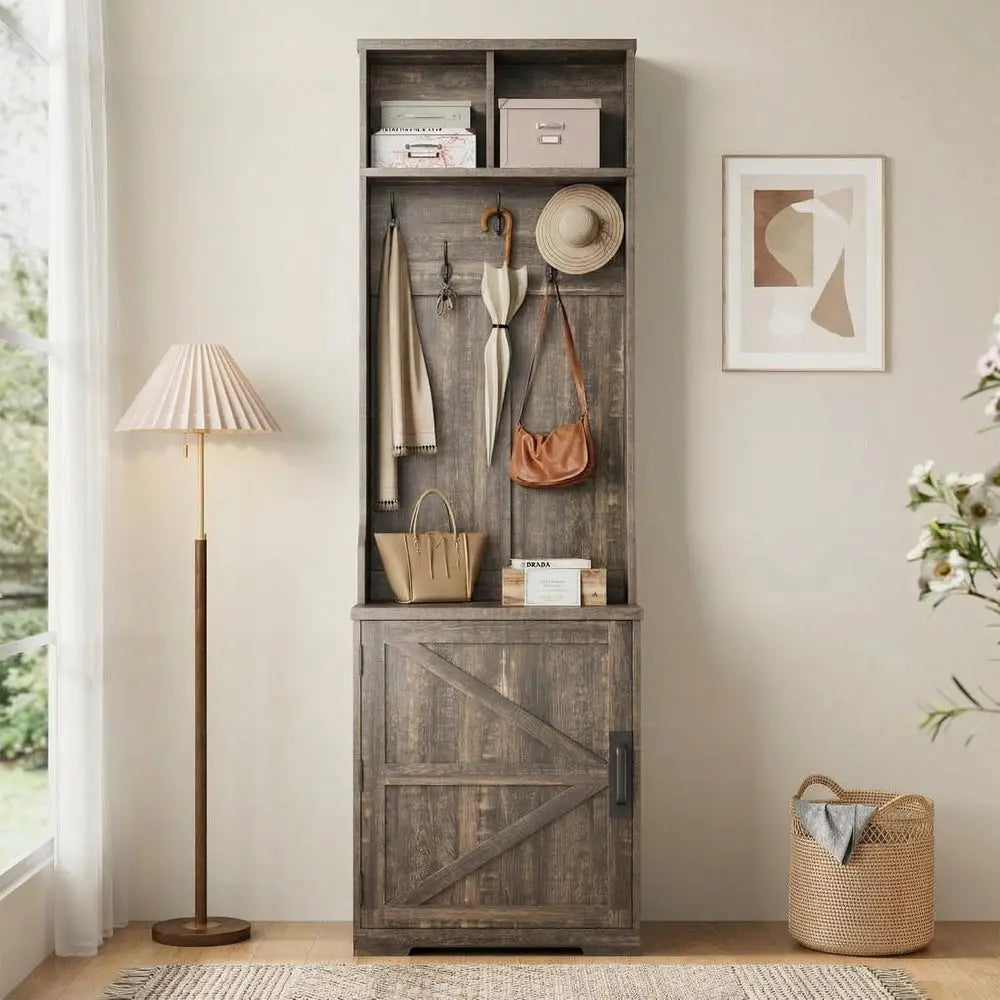 Space-Saving Narrow Entryway Bench with Shoe Storage, 5-Hook Coat Rack & 2 Open Shelves, Espresso Brown