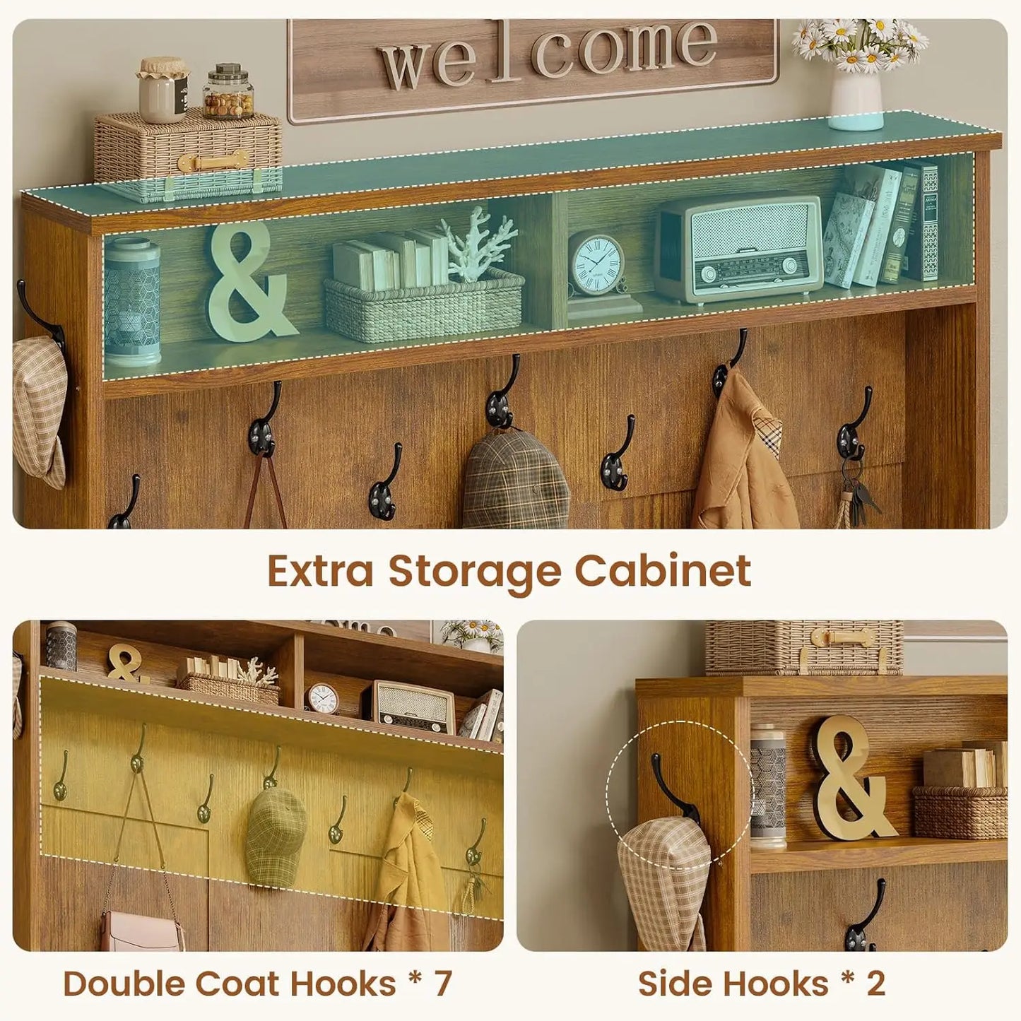 Hall Tree with Bench and Shoe Storage, 5-in-1 Entryway Bench with Coat Rack, 10 Shoe Cubbies & 9 Coat Hooks, Barn Door & Adjusta