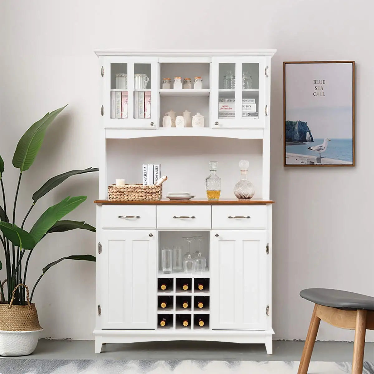 White Kitchen Hutch Sideboard Buffet Cabinet with 3 Drawers & 9 Wine Bottle Storage, Customized