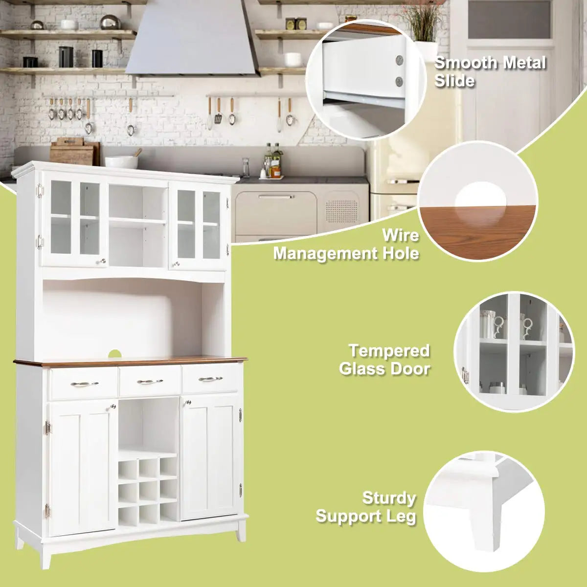 White Kitchen Hutch Sideboard Buffet Cabinet with 3 Drawers & 9 Wine Bottle Storage, Customized