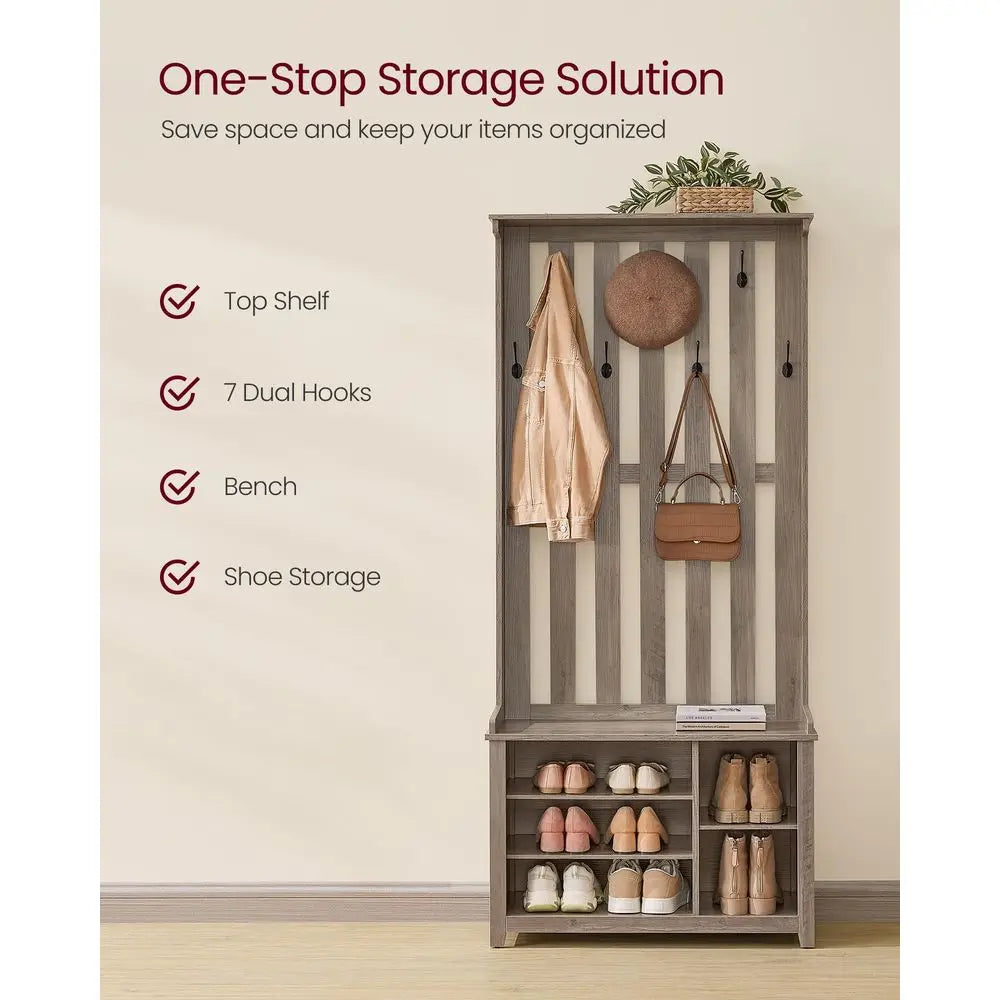 Hall Tree with Bench and Shoe Storage, Coat Rack with Shoe Bench, 7 Double Hooks for Jackets, Hats, Entryway, Bedroom, Living R