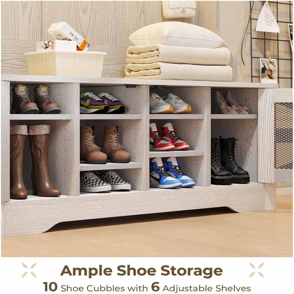 5-in-1 Entryway Bench with Coat Rack, Shoe Storage, LED Lights & Adjustable Shelf - White Hall Tree for Home Organization