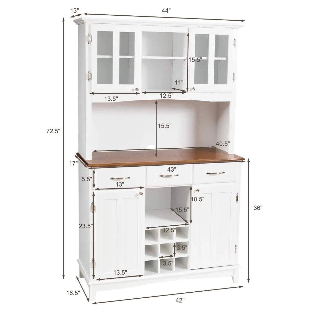 White Kitchen Hutch Sideboard Buffet Cabinet with 3 Drawers & 9 Wine Bottle Storage, Customized