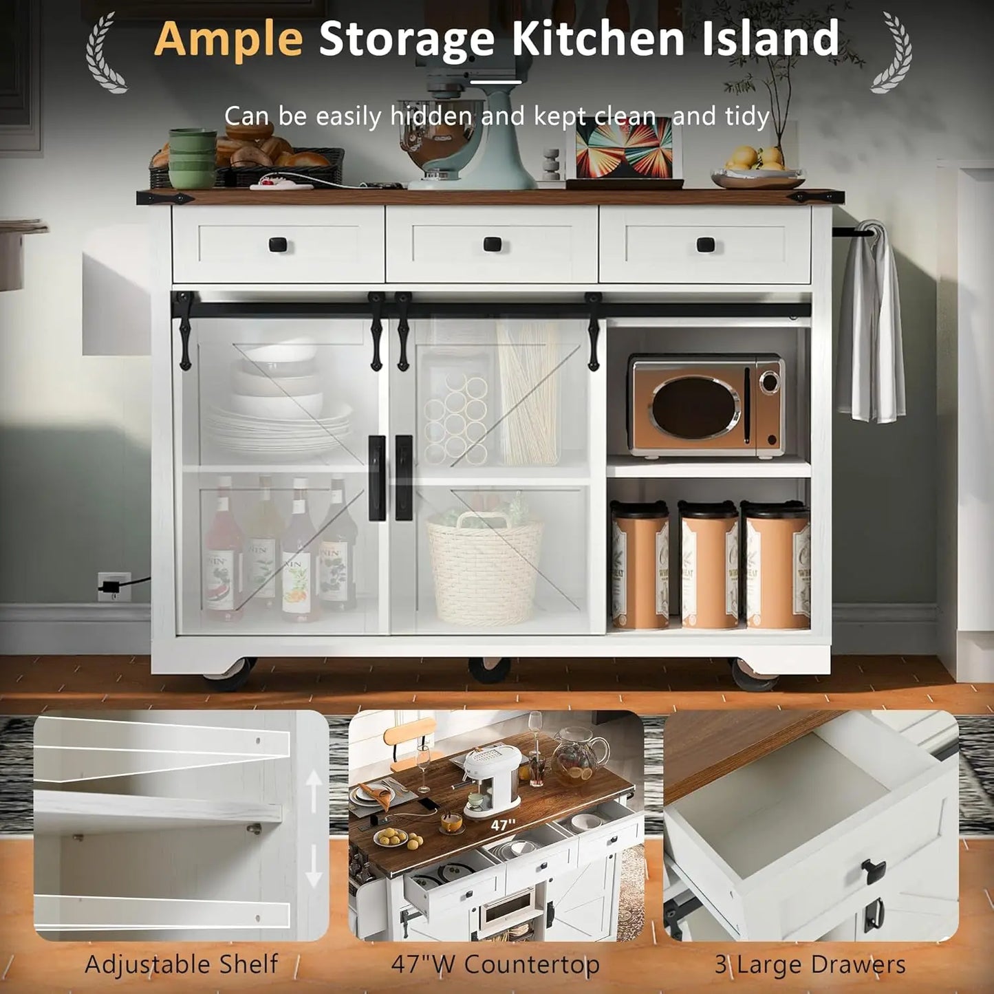 53.7" Farmhouse Kitchen Island With Power Outlet and Sliding Barn Doors,Rolling Cart With Drawers and Spice Rack for Dining Room