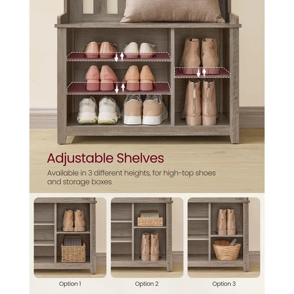Hall Tree with Bench and Shoe Storage, Coat Rack with Shoe Bench, 7 Double Hooks for Jackets, Hats, Entryway, Bedroom, Living R