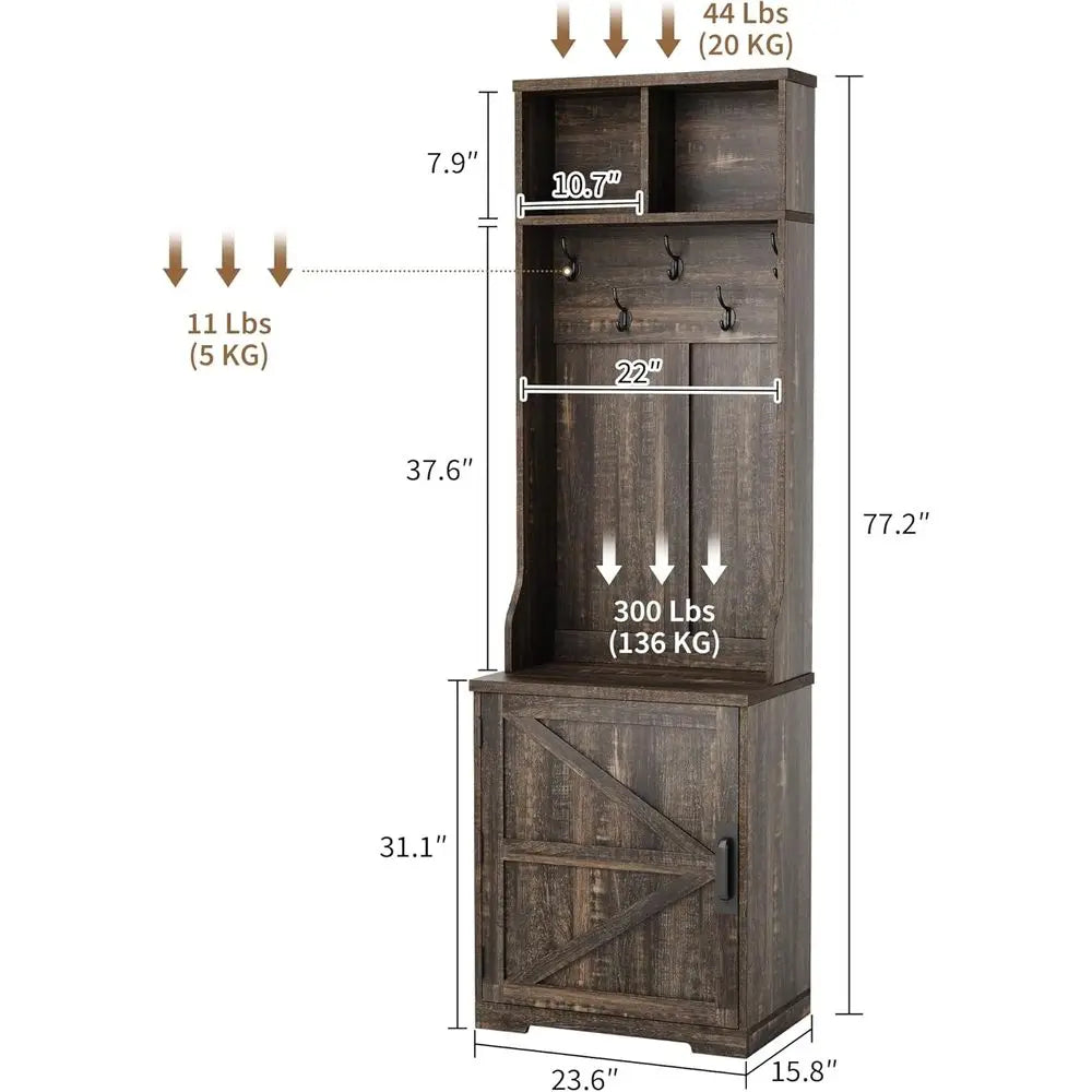 Space-Saving Narrow Entryway Bench with Shoe Storage, 5-Hook Coat Rack & 2 Open Shelves, Espresso Brown
