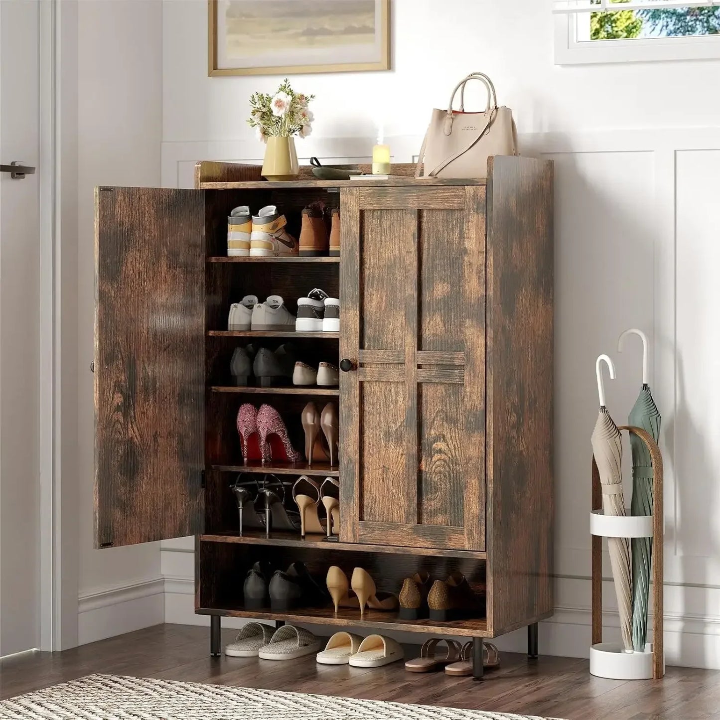 Customized6-Tier Shoe Storage Cabinet with Cross Molding Doors 3 Adjustable Shelves Metal Legs for Entryway Organizer