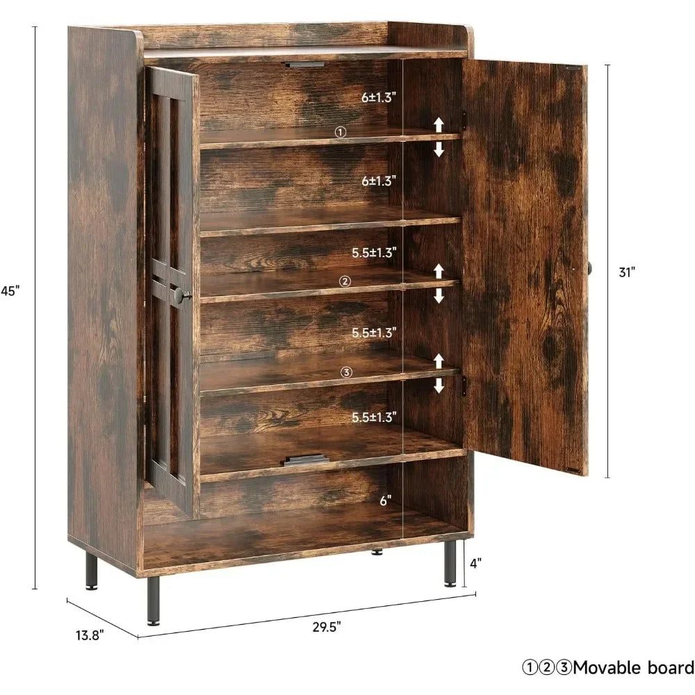 Customized6-Tier Shoe Storage Cabinet with Cross Molding Doors 3 Adjustable Shelves Metal Legs for Entryway Organizer