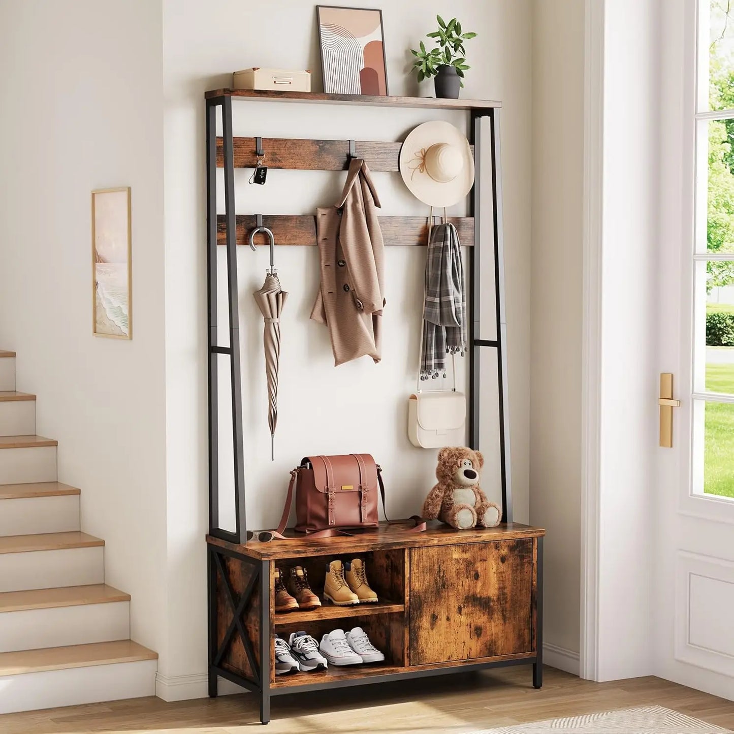 Bench, Simple Style 5 in 1 Hall Tree, Entryway Storage bench3-Layer Shoe Cabinet & 7 Coat Hooks,, Customized