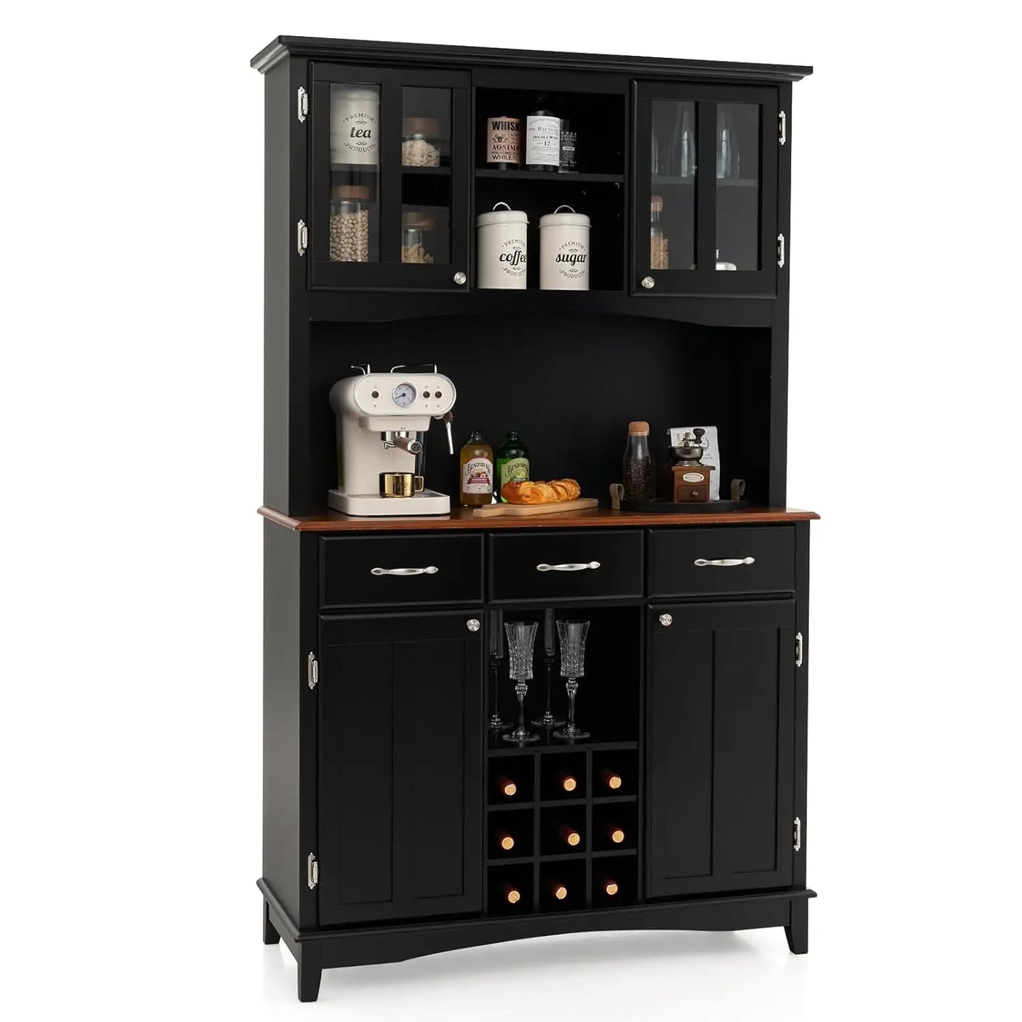White Kitchen Hutch Sideboard Buffet Cabinet with 3 Drawers & 9 Wine Bottle Storage, Customized