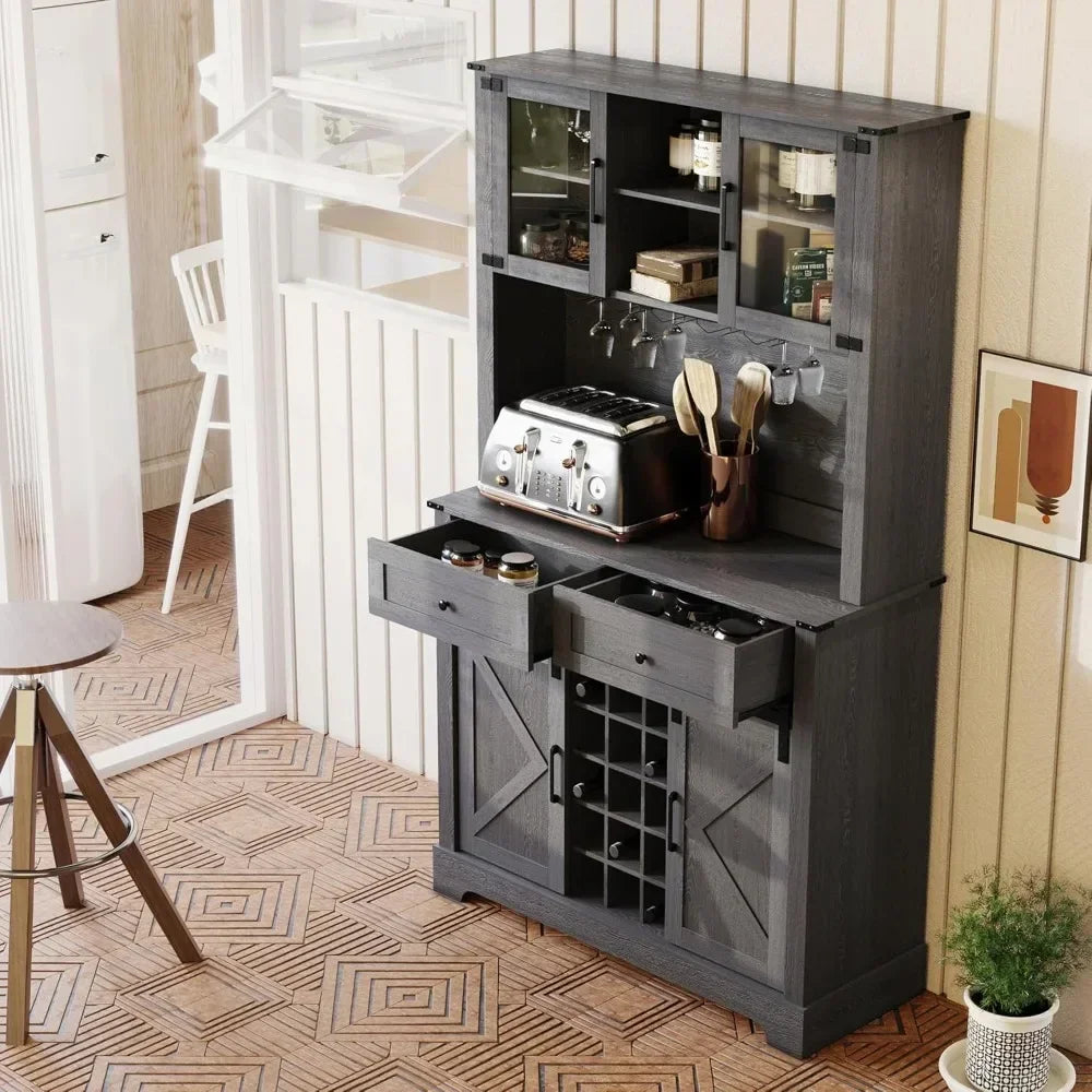 Tall Farmhouse Kitchen Pantry Buffet Wine Bar Cabinet with Sliding Barn Door And Wine Glass Rack for Storage And Customized