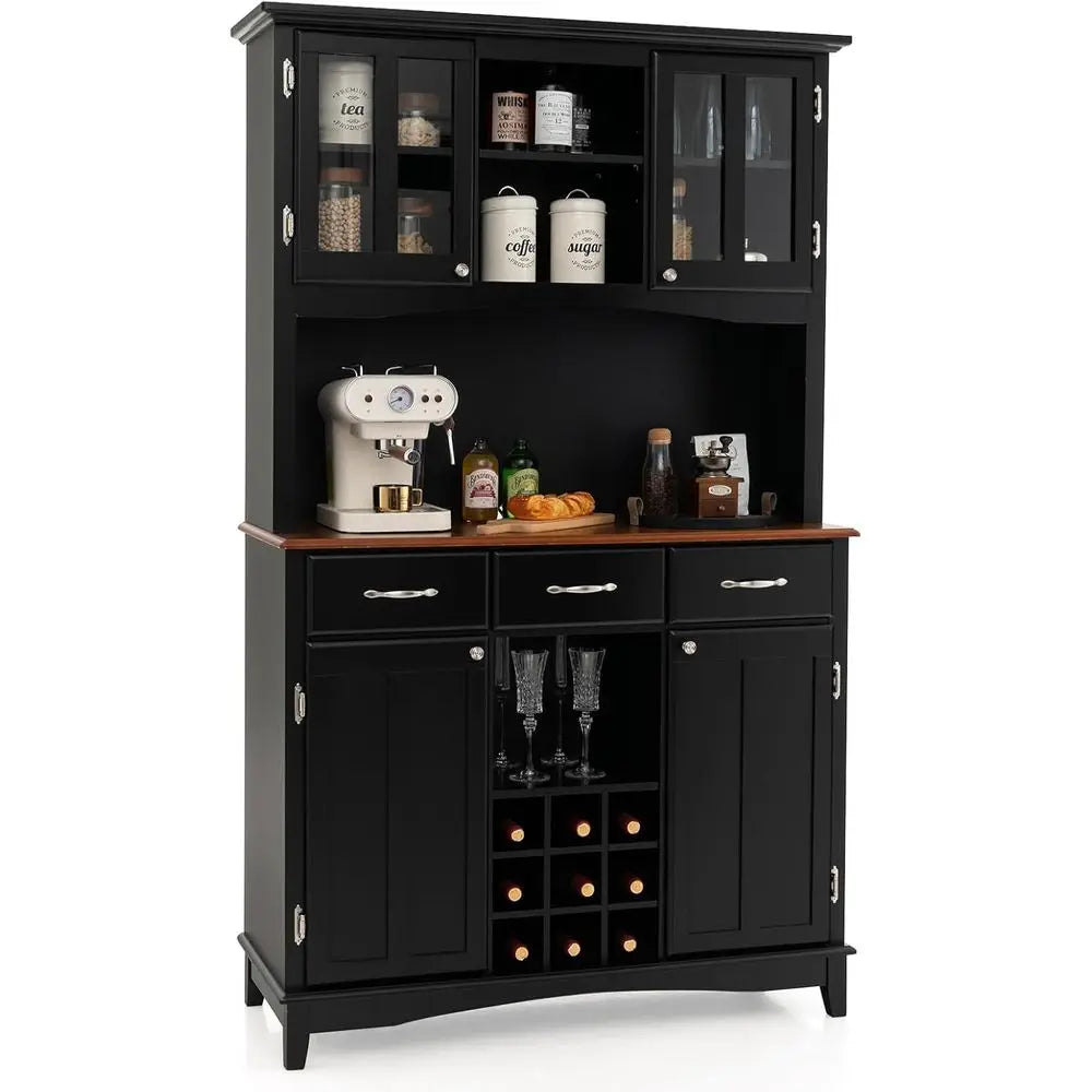 Kitchen Hutch Cabinet with Storage Island, Serving Buffet, 3 Drawers & 9 Bottle Rack (Black)