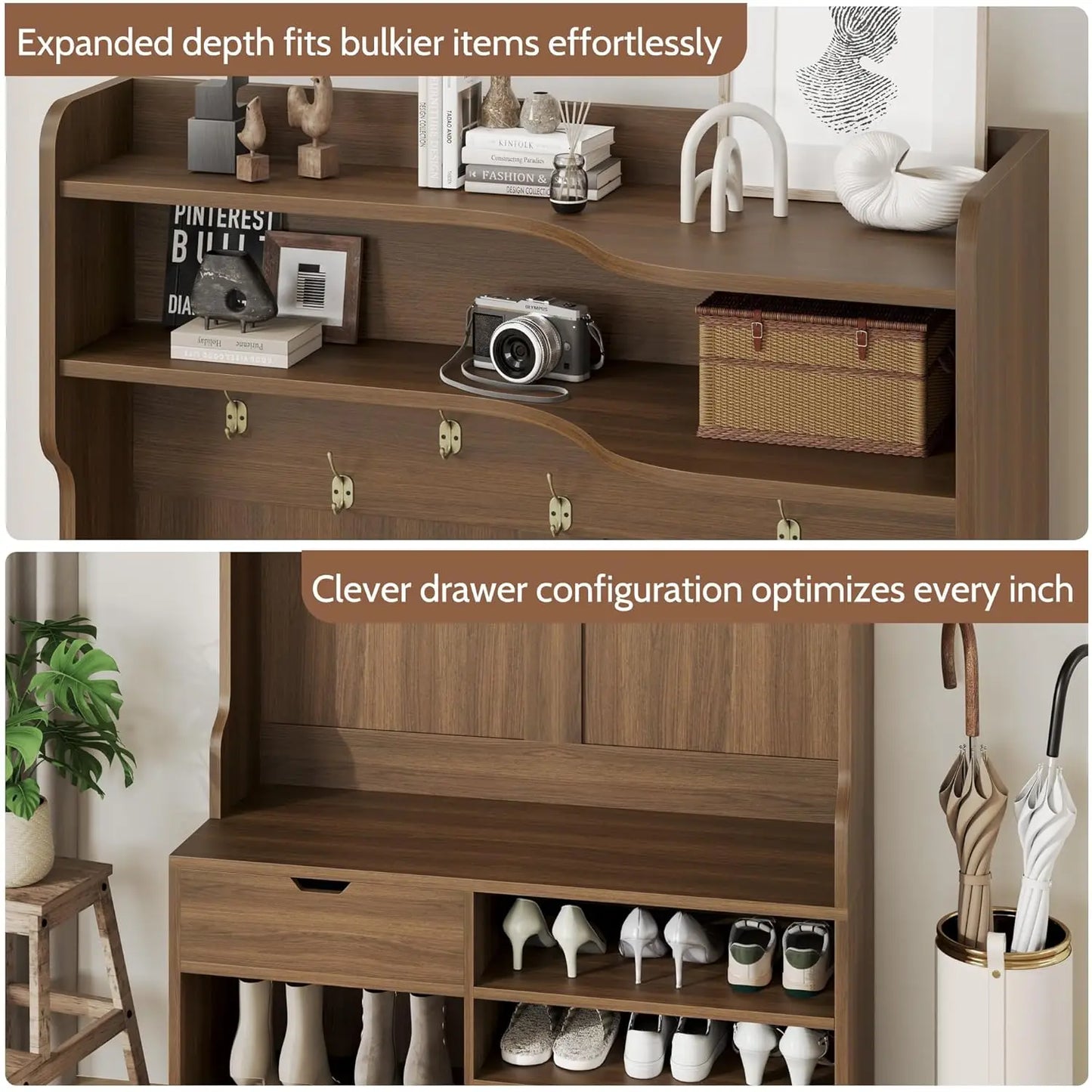 Bench, Simple Style 5 in 1 Hall Tree, Entryway Storage bench3-Layer Shoe Cabinet & 7 Coat Hooks,, Customized