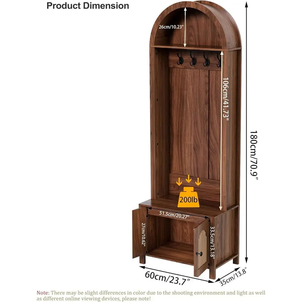 Walnut Entryway Bench with Coat Rack and Shoe Storage, 70.9 Arch Rack, 4 Hooks, 2 Luted Doors