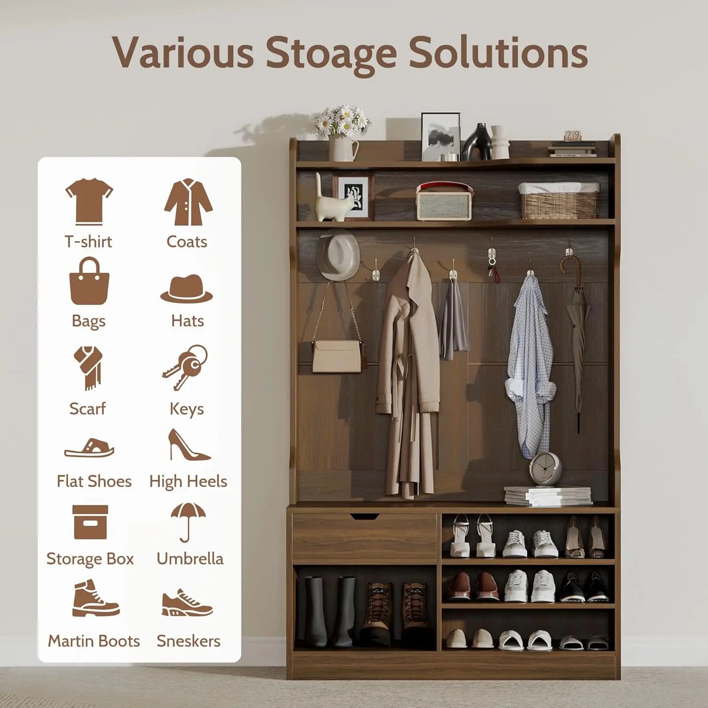 Bench, Simple Style 5 in 1 Hall Tree, Entryway Storage bench3-Layer Shoe Cabinet & 7 Coat Hooks,, Customized