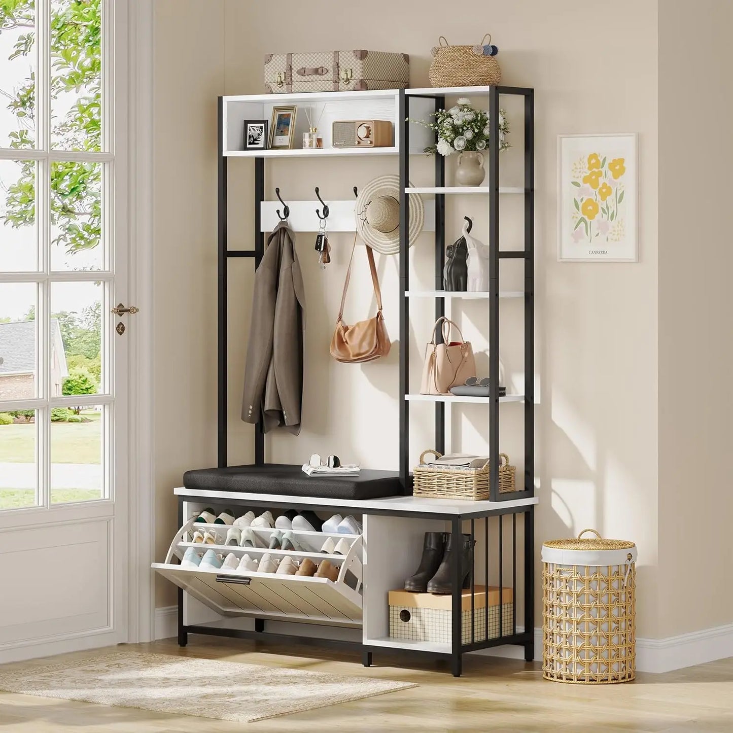 Bench, Simple Style 5 in 1 Hall Tree, Entryway Storage bench3-Layer Shoe Cabinet & 7 Coat Hooks,, Customized