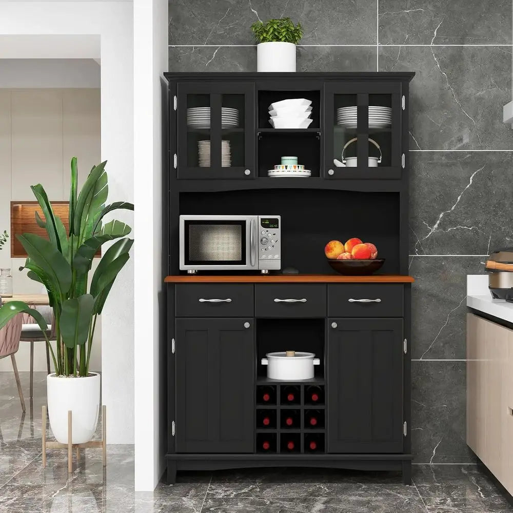 Kitchen Hutch Cabinet with Storage Island, Serving Buffet, 3 Drawers & 9 Bottle Rack (Black)