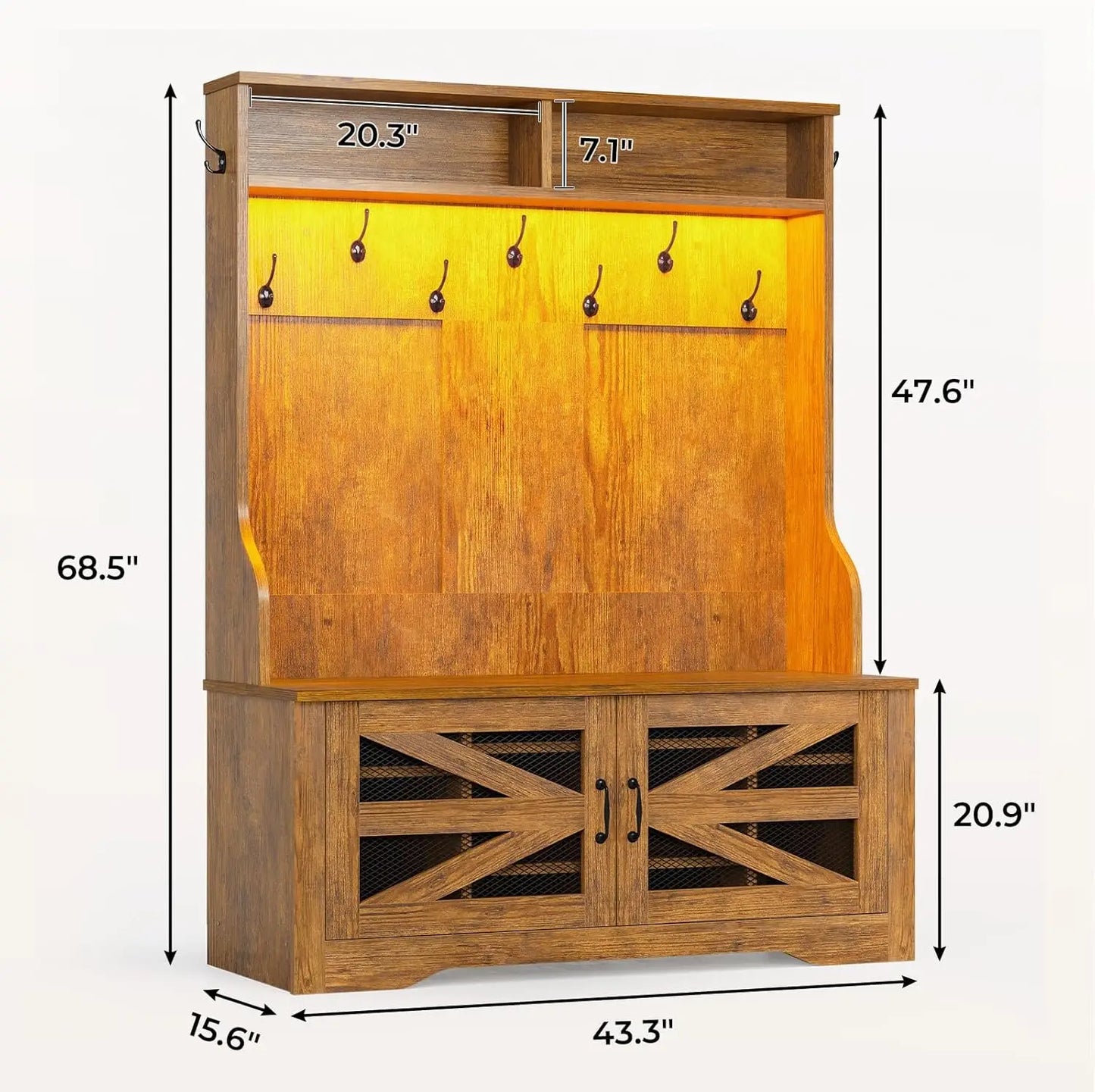 Hall Tree with Bench and Shoe Storage, 5-in-1 Entryway Bench with Coat Rack, 10 Shoe Cubbies & 9 Coat Hooks, Barn Door & Adjusta