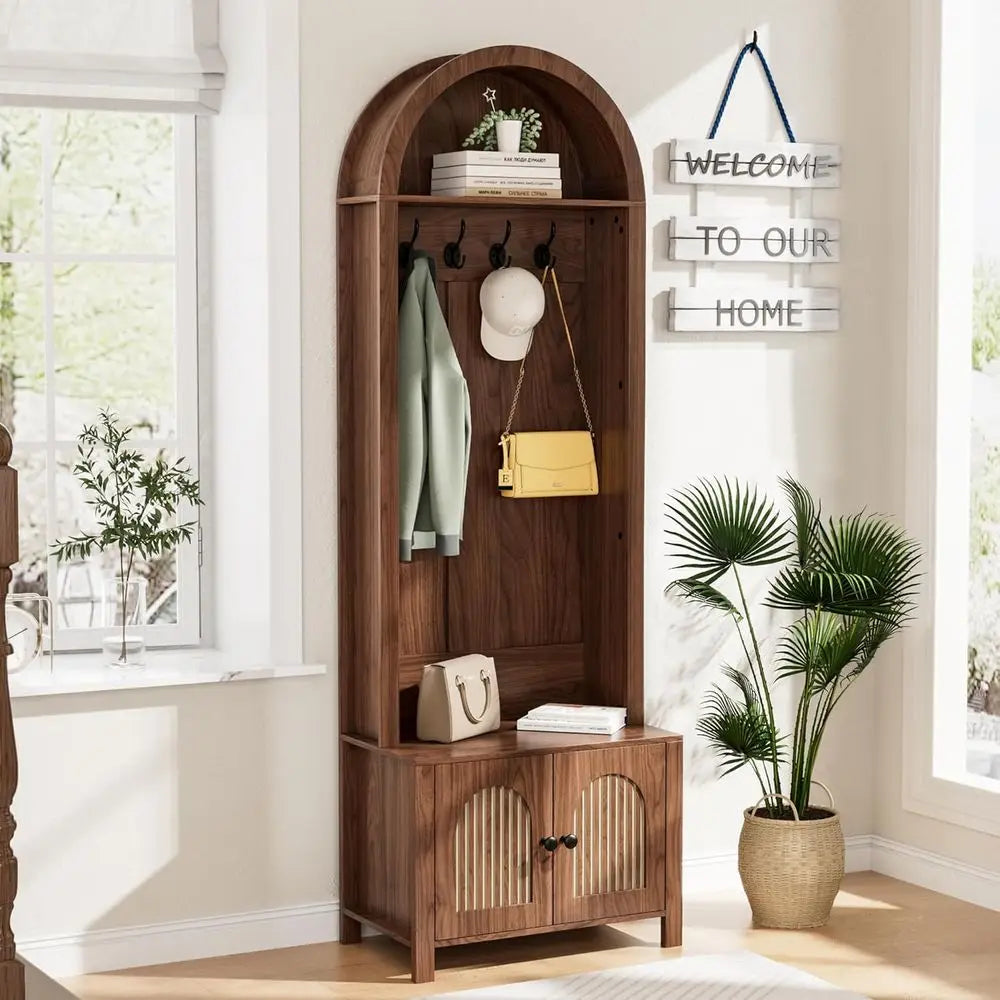 Walnut Entryway Bench with Coat Rack and Shoe Storage, 70.9 Arch Rack, 4 Hooks, 2 Luted Doors