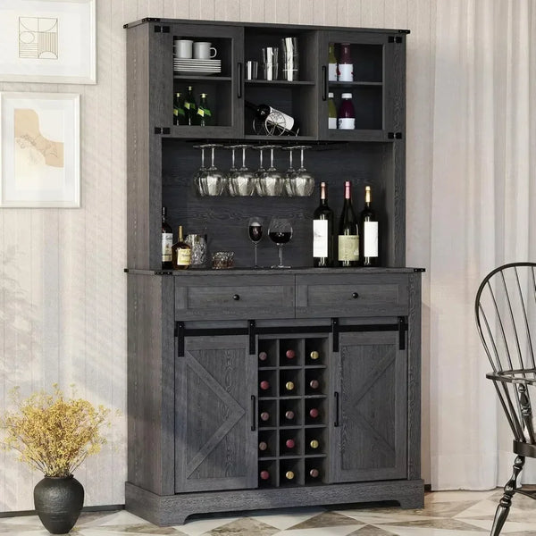 Tall Farmhouse Kitchen Pantry Buffet Wine Bar Cabinet with Sliding Barn Door And Wine Glass Rack for Storage And Customized