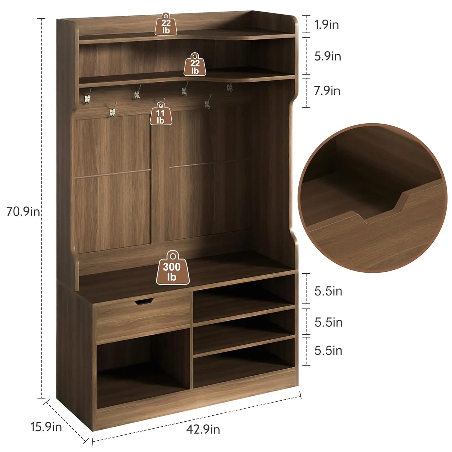 Bench, Simple Style 5 in 1 Hall Tree, Entryway Storage bench3-Layer Shoe Cabinet & 7 Coat Hooks,, Customized
