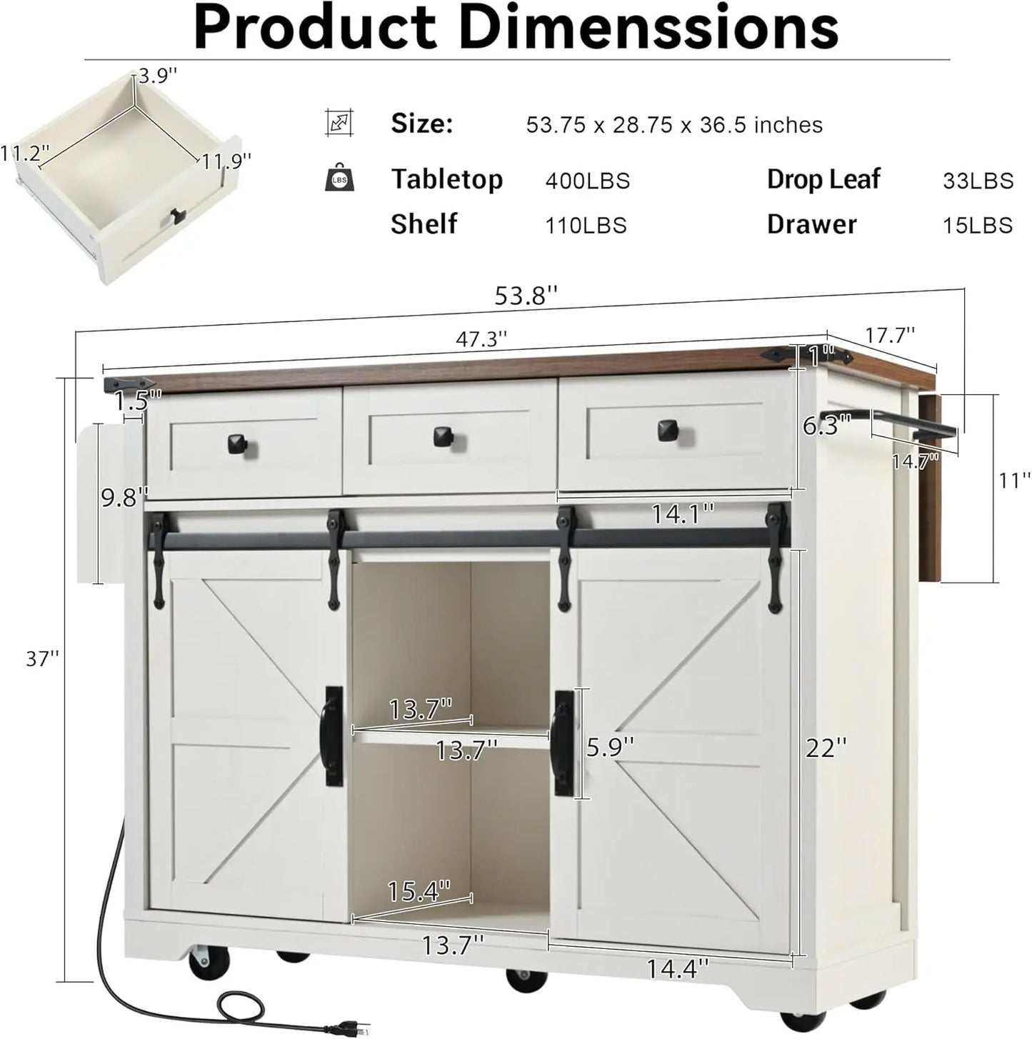 53.7" Farmhouse Kitchen Island With Power Outlet and Sliding Barn Doors,Rolling Cart With Drawers and Spice Rack for Dining Room
