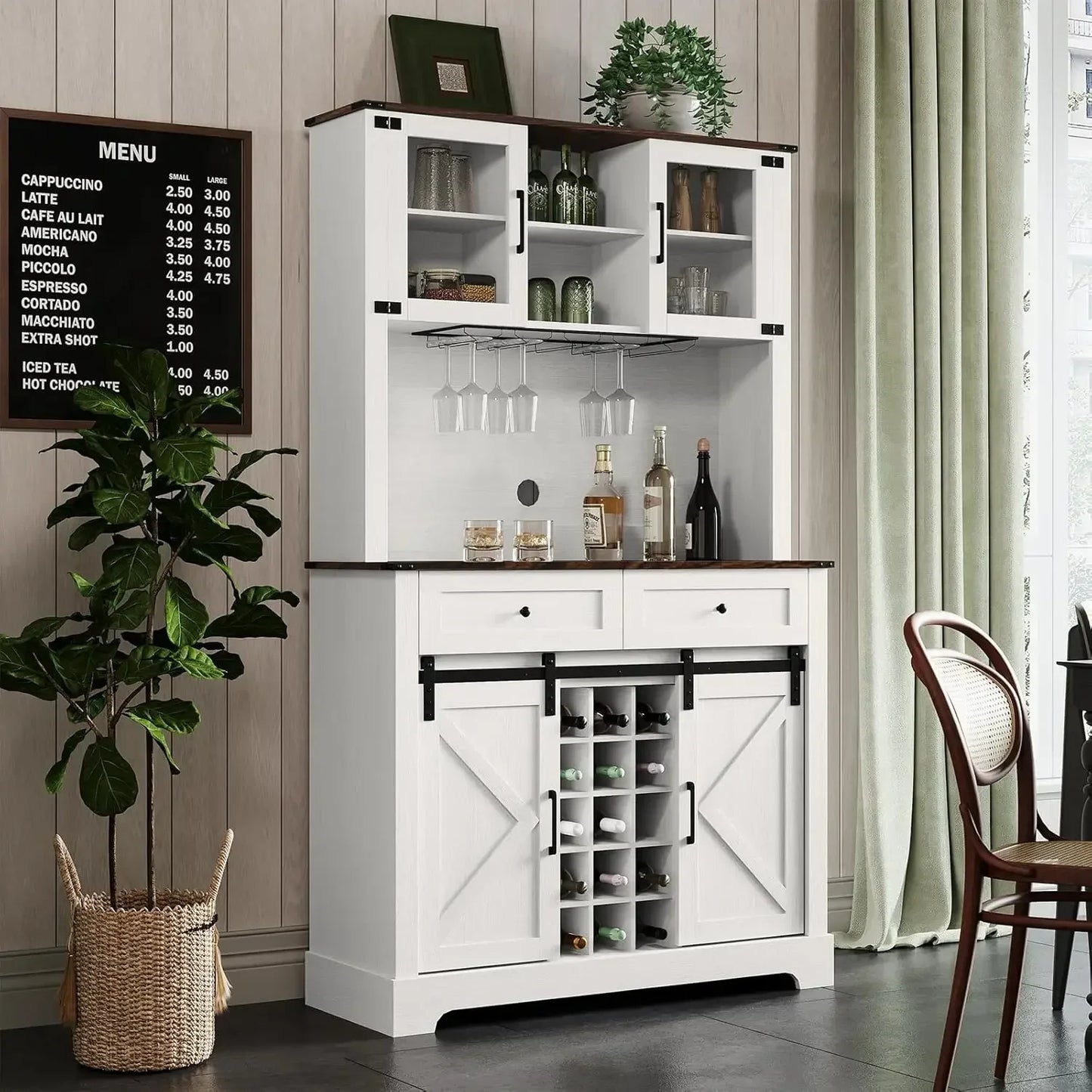 Tall Farmhouse Kitchen Pantry Buffet Wine Bar Cabinet with Sliding Barn Door And Wine Glass Rack for Storage And Customized