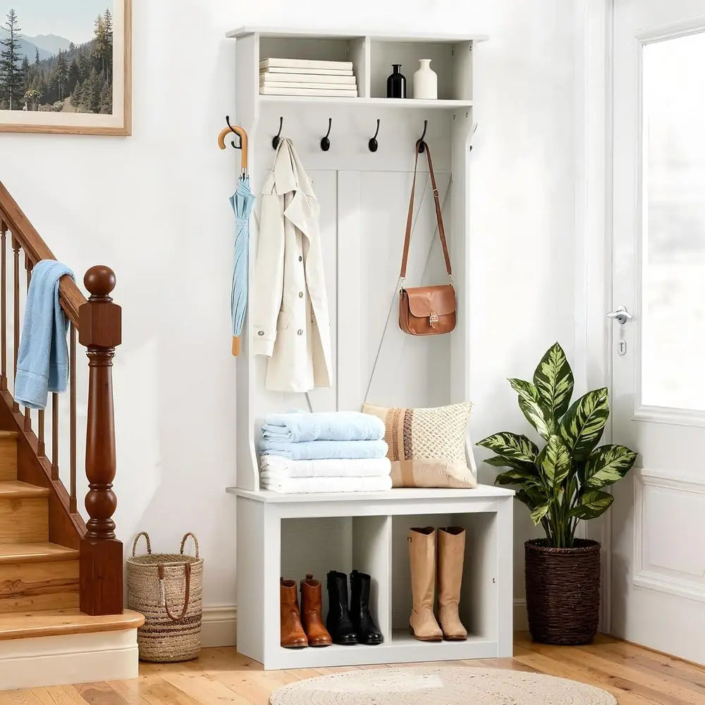 75-Inch White Entryway Bench with Coat Rack, Shoe Storage, and 4-Cubby Organizer